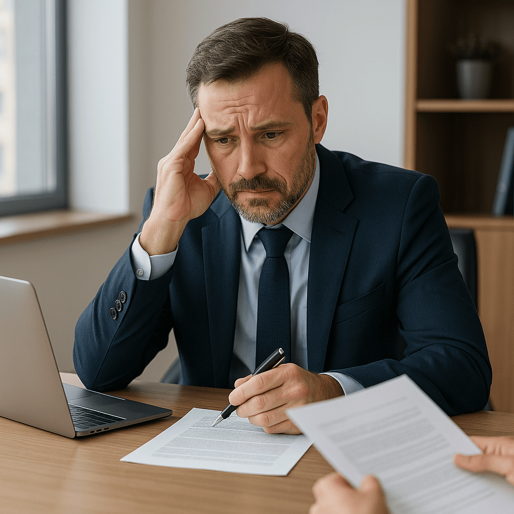 HR manager interviewing candidate and looking stressed about hiring decisions.