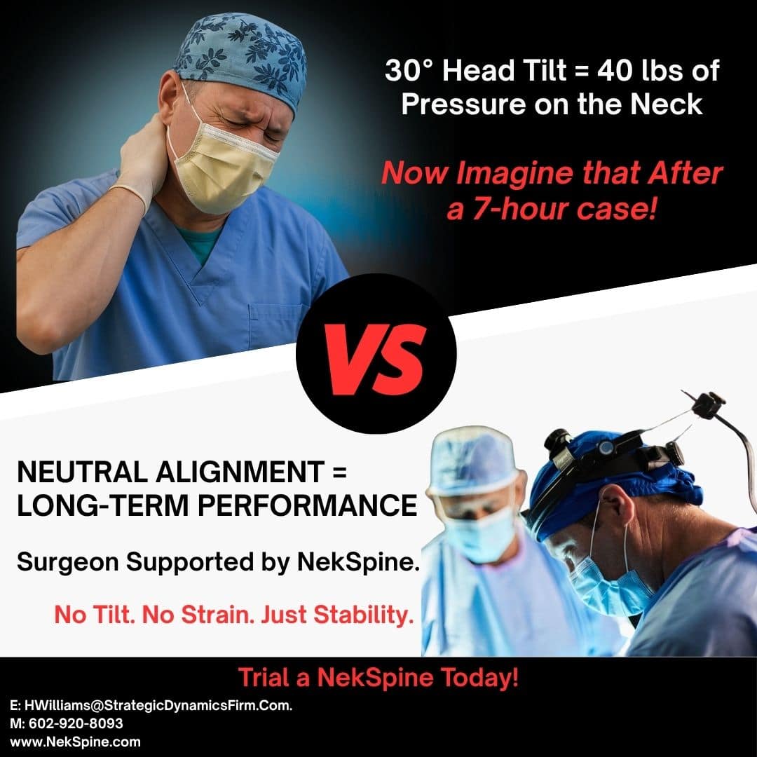 Surgeon experiencing neck strain compared with neutral alignment using NekSpine.