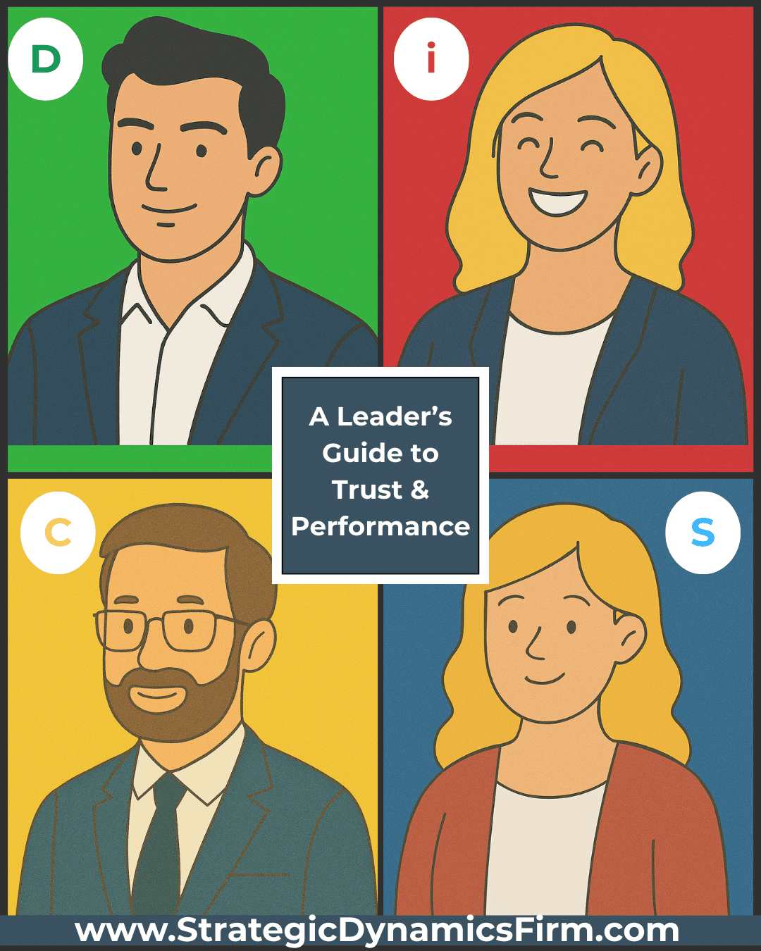 Illustration of four DiSC® personality styles with leadership insights for building trust and performance