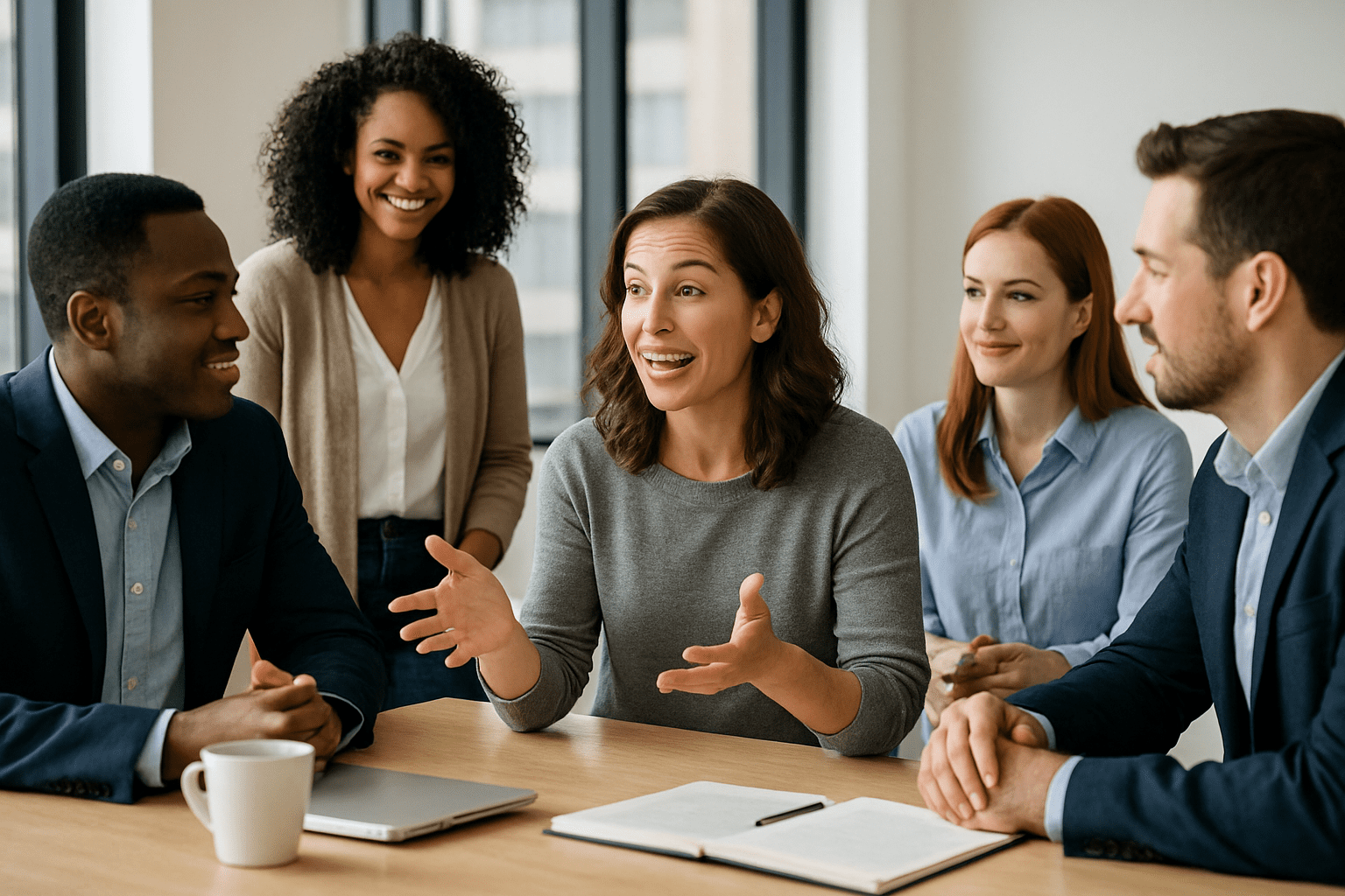 A diverse business team in discussion, showing collaboration and engagement during a workplace meeting.