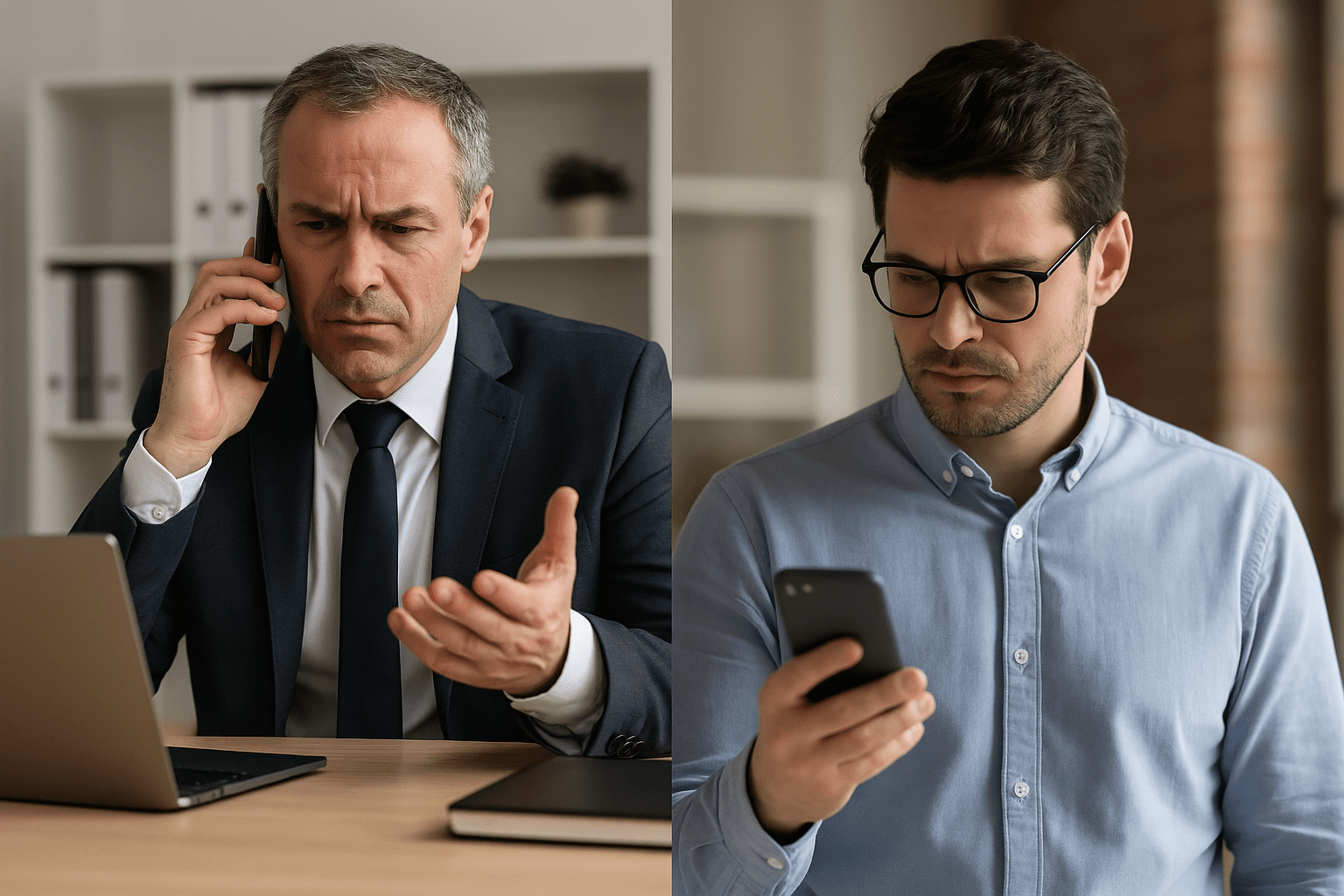 Sales manager on phone looking frustrated while sales rep checks smartphone with a concerned expression.