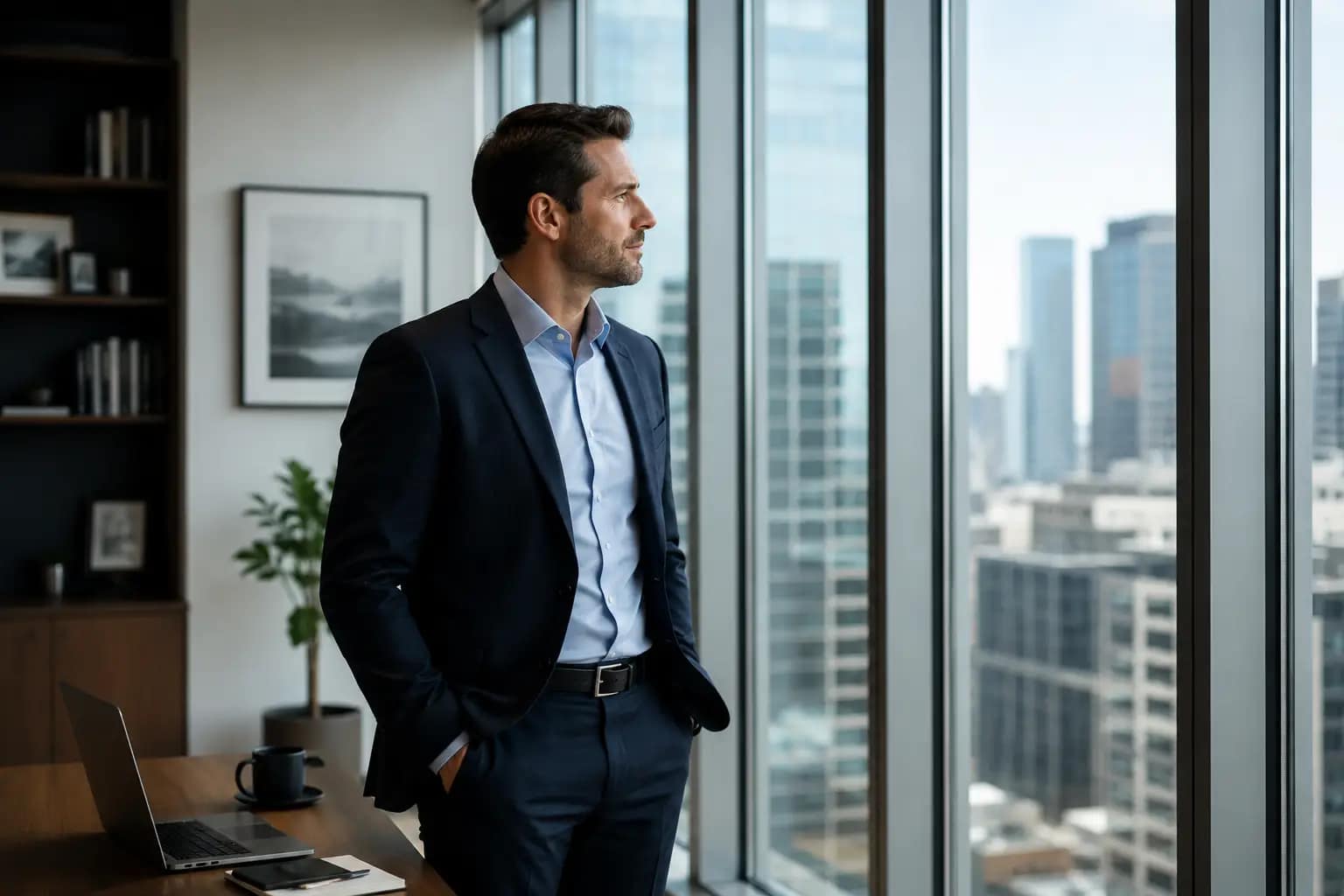 A professional in quiet reflection at their workplace, representing the DiSC behavioral patterns behind workaholics, quiet quitters, and clock-watchers — topics explored in Strategic Dynamics leadership development.