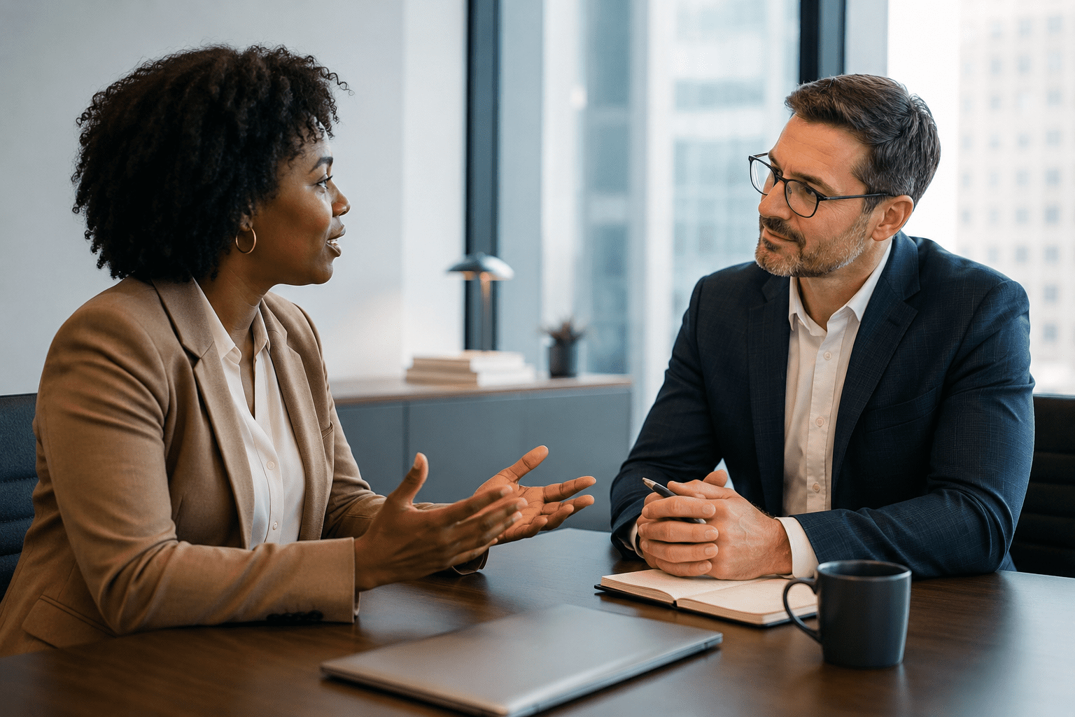 A leader and team member in a one-on-one conversation, representing the DiSC-based leadership approach taught by Strategic Dynamics — where leaders adapt their style to what each team member actually needs.