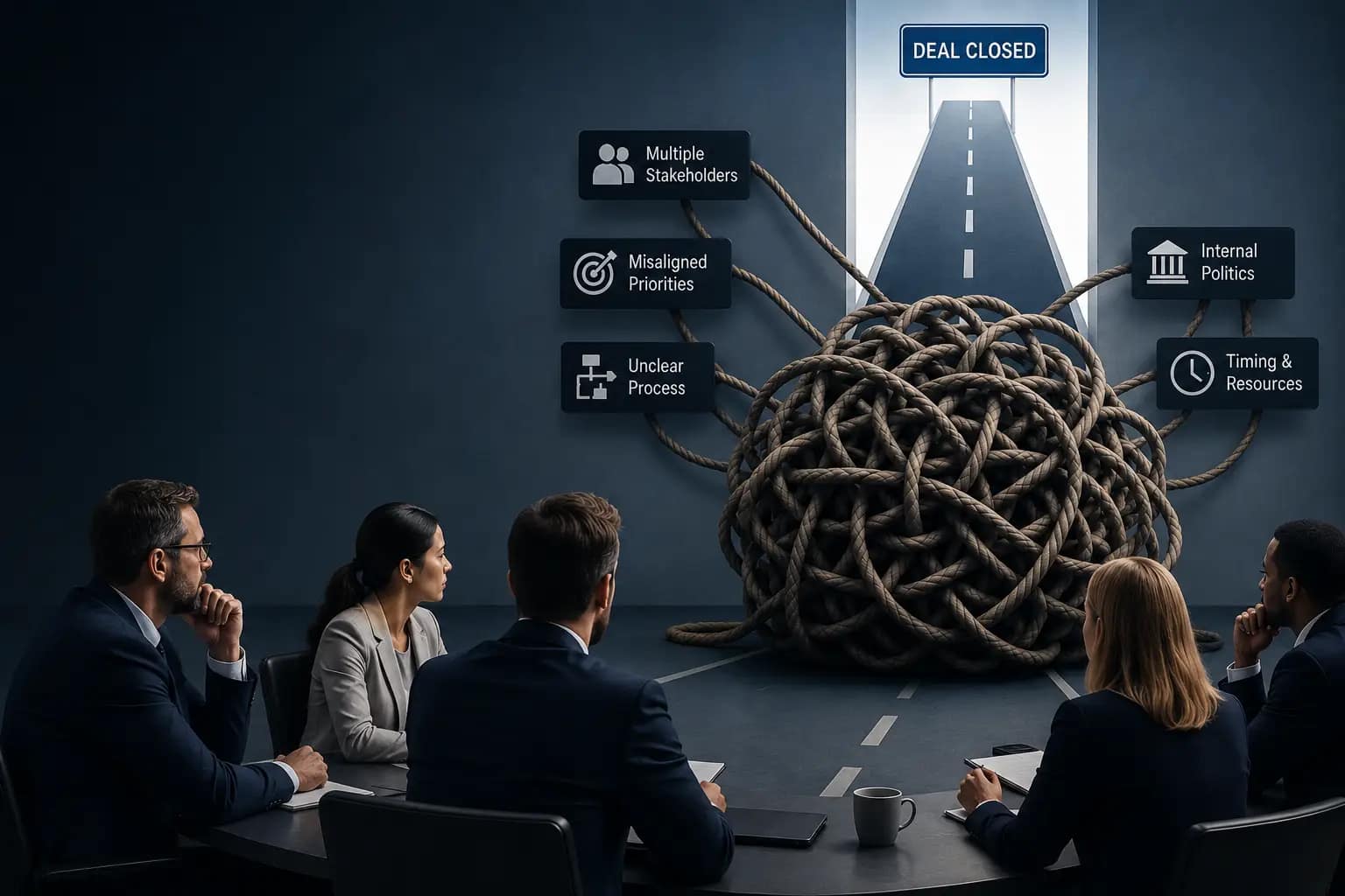 Business buying committee reviewing a stalled B2B opportunity as a tangled knot symbolizes unresolved stakeholder confidence gaps blocking deal progress.