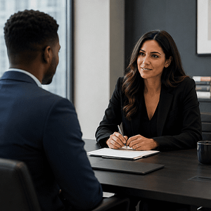 HR professional conducting a job interview using PXT Select hiring assessment tools — Strategic Dynamics
