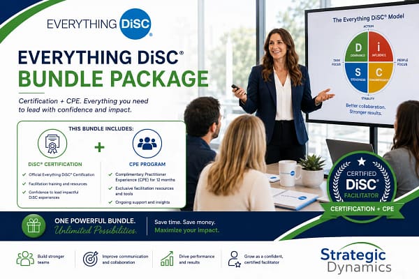 Everything DiSC® Certification Bundle including official certification training and one year of Certified Practitioner Experience (CPE) for ongoing facilitator development.