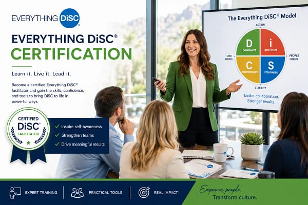 Everything DiSC® Complete Package including Certification, Certified Practitioner Experience (CPE), five Workplace profiles, and a Catalyst™ sub-account from Strategic Dynamics.