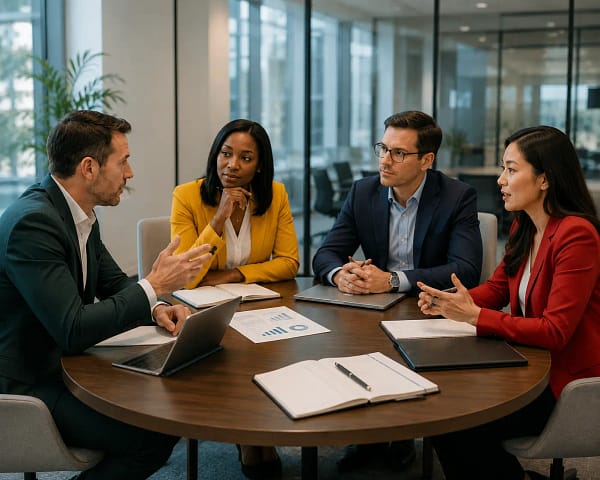 Four professionals in a business meeting representing the four Everything DiSC® behavioral styles — Dominance, Influence, Steadiness, and Conscientiousness — delivered by Strategic Dynamics, Authorized Wiley Partner