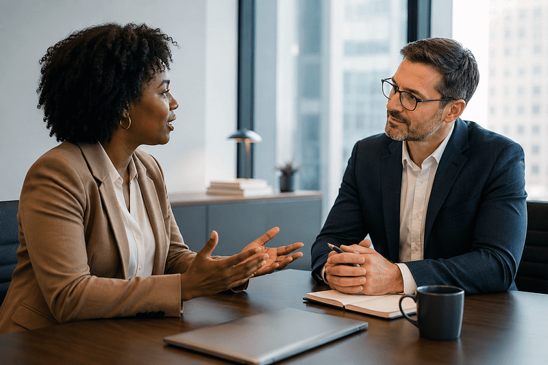A leader and team member in a one-on-one conversation, representing the DiSC-based leadership approach taught by Strategic Dynamics — where leaders adapt their style to what each team member actually needs.
