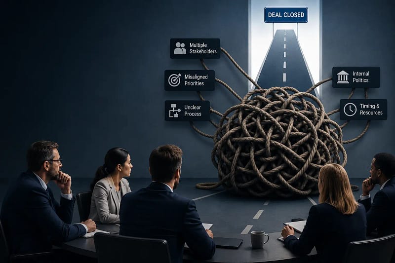 Business buying committee reviewing a stalled B2B opportunity as a tangled knot symbolizes unresolved stakeholder confidence gaps blocking deal progress.