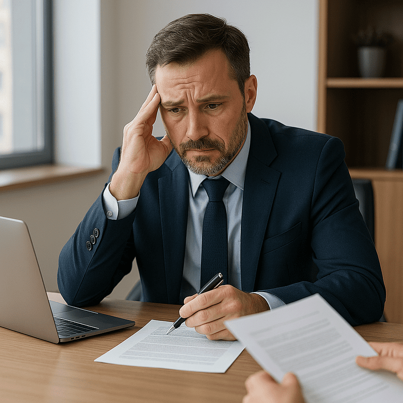 HR manager interviewing candidate and looking stressed about hiring decisions.