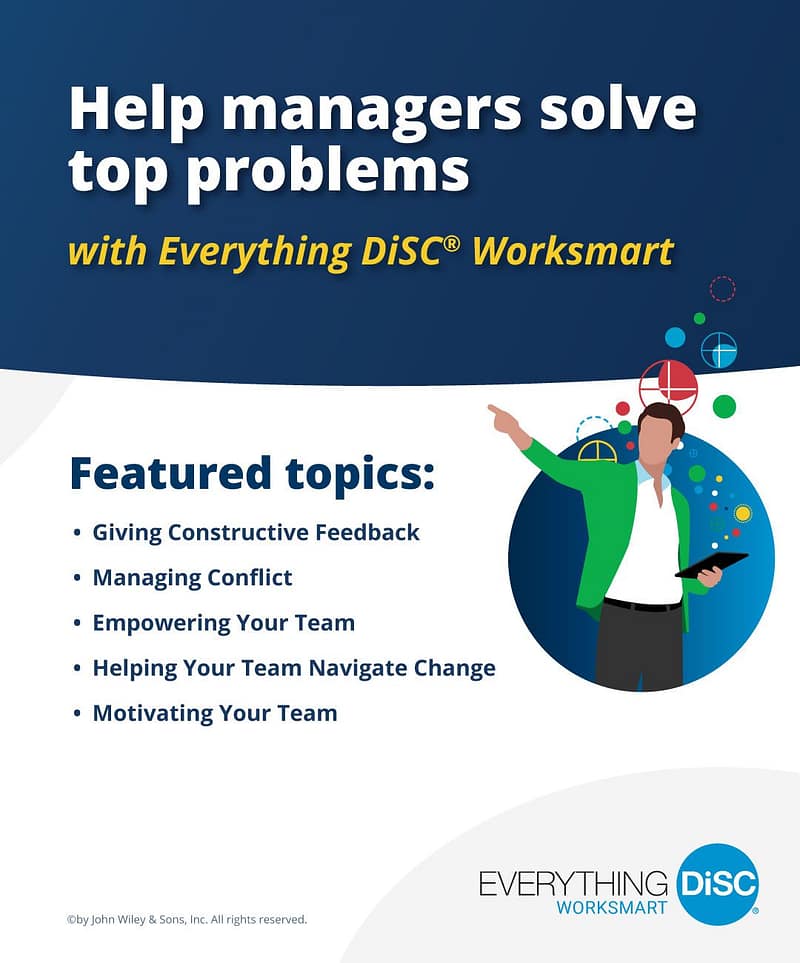 Everything DiSC WorkSmart modules help managers handle top challenges like feedback, conflict, motivation, change, and empowerment.