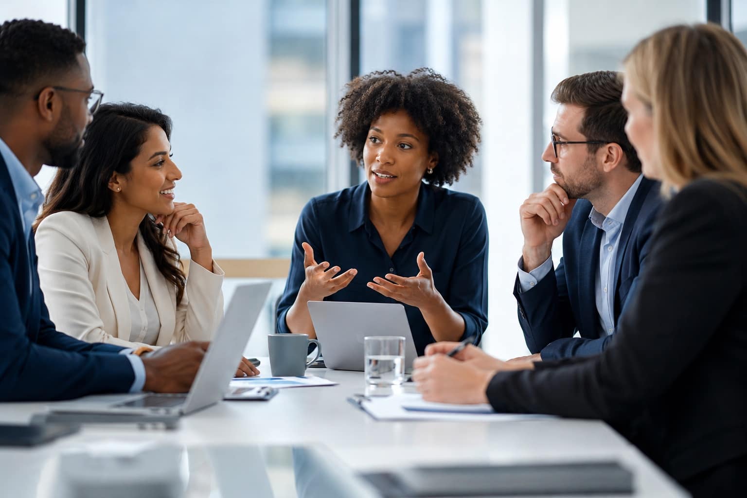 Everything DiSC® Workplace Communication Training — Strategic Dynamics Diverse team collaborating in an engaged business meeting — Everything DiSC® workplace communication training by Strategic Dynamics
